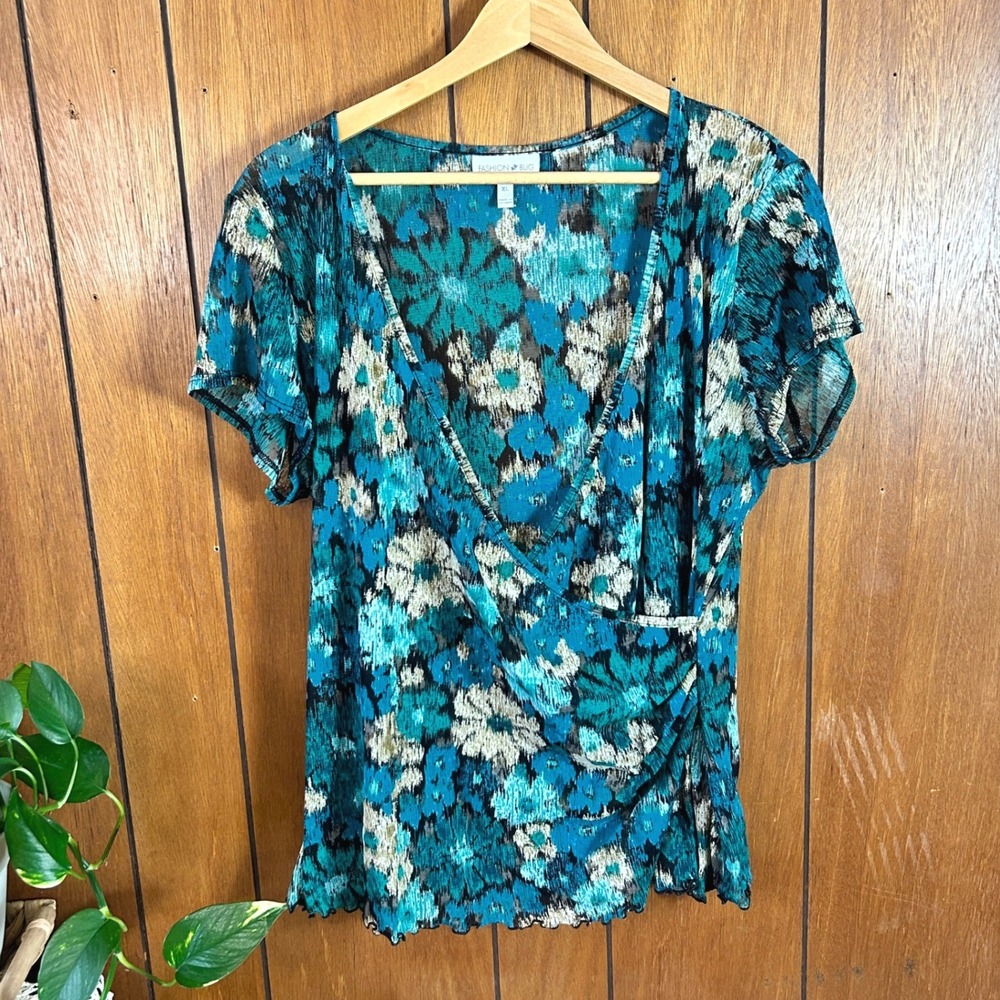 Vintage‎ Fashion Bug Teal Blue Floral Ikat Mesh Faux Wrap Top Boho Feminine